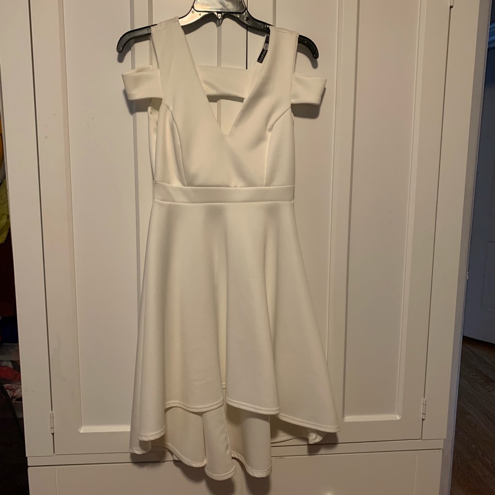 white over the shoulder, high low dress